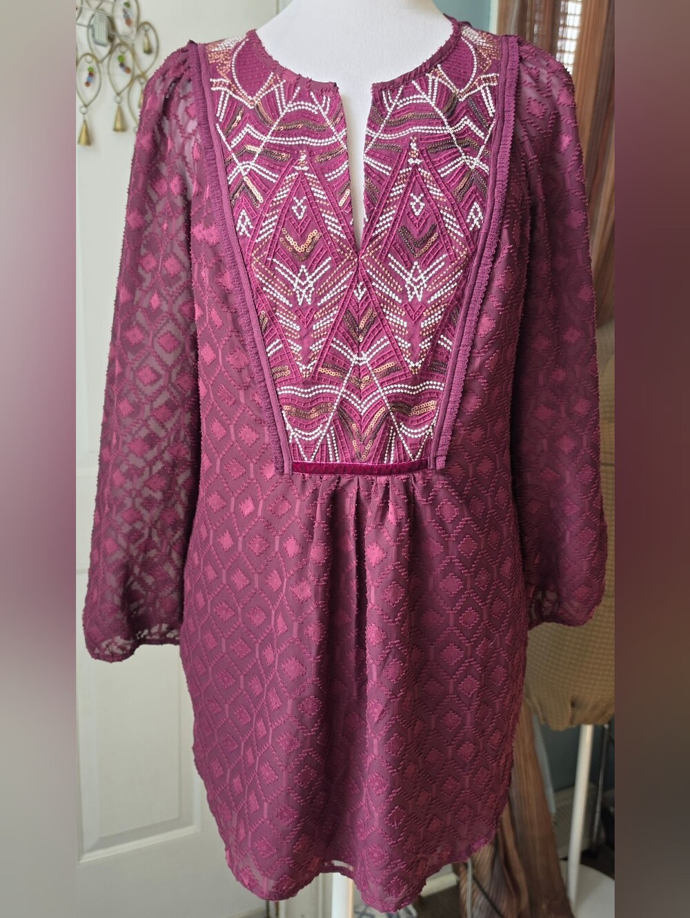 One September Anthropologie Madiran Peasant Blouse Women's M Plum Boho Geometric